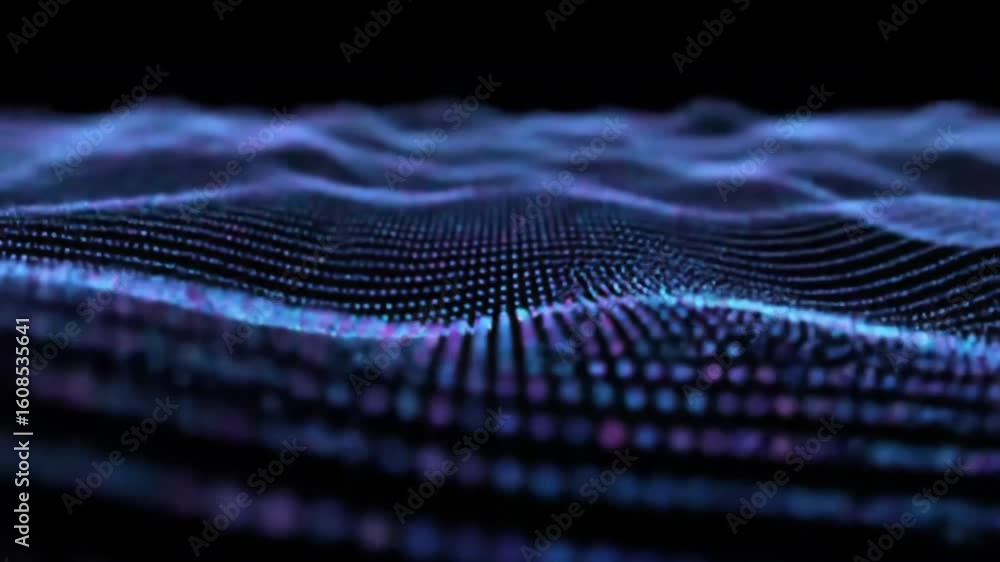 Poster abstract visualization of undulating waves formed by interconnected blue and purple dots on a dark b