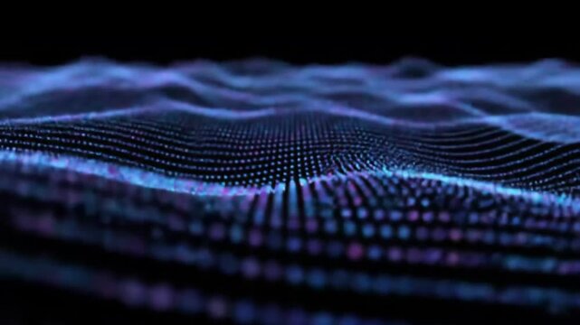 Abstract visualization of undulating waves formed by interconnected blue and purple dots on a dark background, creating a sense of depth and flow.