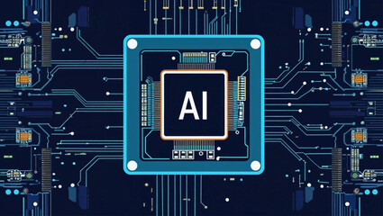 Digital AI chip, semiconductor, and CPU on dark blue technology background