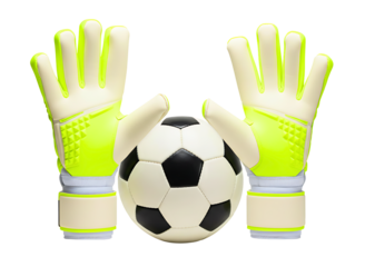 Goalkeeper gloves holding a soccer ball isolated on transparent background