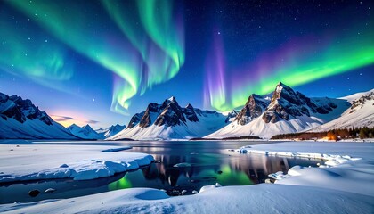 Majestic aurora borealis over a frozen lake and snowy mountains