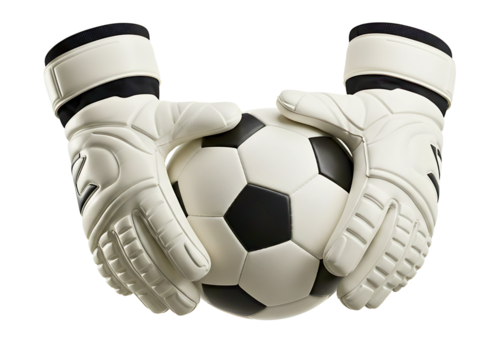 Goalkeeper gloves holding a soccer ball isolated on transparent background