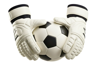 Goalkeeper gloves holding a soccer ball isolated on transparent background