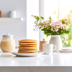 Stack of pancakes on a kitchen counter