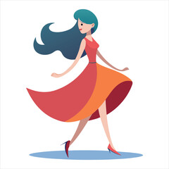 Stylized Illustration of a Woman Walking in a Flowing Orange and Red Dress