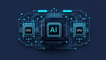 Fototapeta premium Digital AI chip, semiconductor, and CPU on dark blue technology background