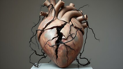 A fractured anatomical heart sculpture with vines growing from cracks, representing evolving mortality concepts