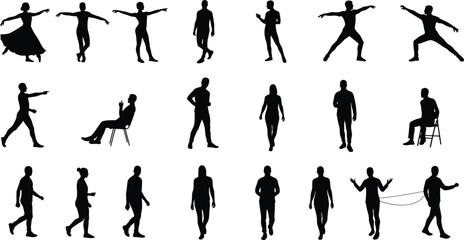 People silhouette collection, male and female poses, walking, sitting, dancing, standing, gesture actions, black vector illustration, human motion figure set, isolated design graphic
