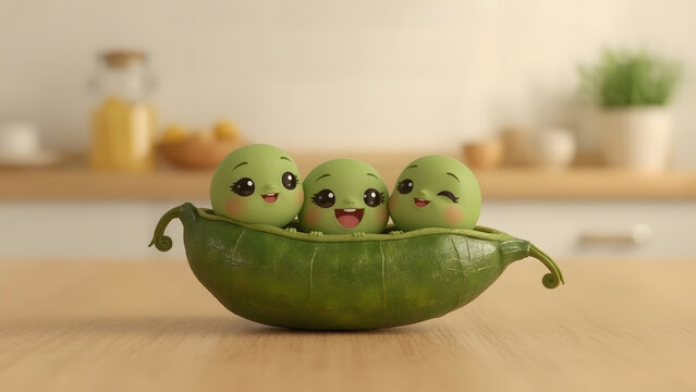 Whimsical peas in pod, portraying joy and friendship, showcasing a lighthearted, cheerful and playful composition that captures the essence of positivity and the beauty of togetherness.