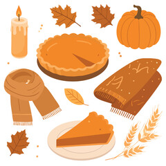 A collection of autumnal elements, including pie, scarf, and pumpkin.