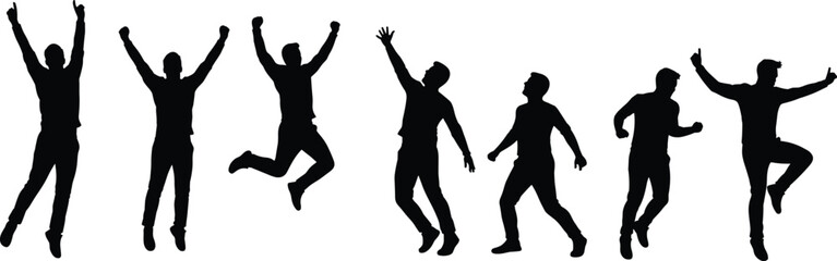 Silhouette of six men jumping, dancing energetically in mid-air, isolated white background, freedom, teamwork, joy, lifestyle, dynamic poses