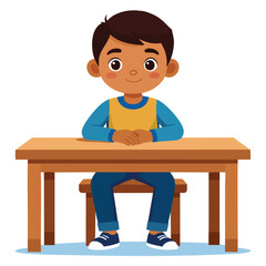 Young boy sits at a wooden desk, hands clasped, looking forward.