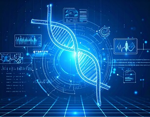 Digital rendering of a DNA double helix surrounded by data visualizations and technology interfaces, set against a grid background.
