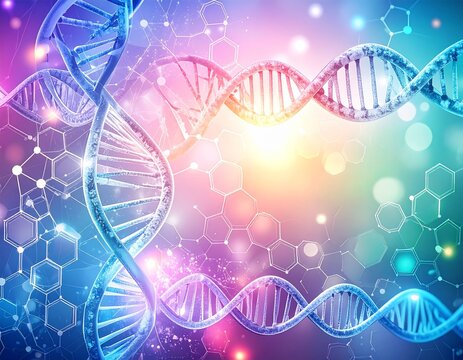 Abstract representation of DNA double helix structures with interconnected molecular networks, set against a vibrant, colorful, and luminous background.
