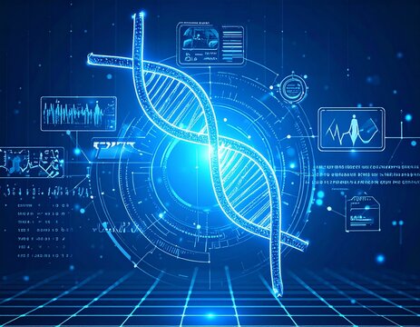 Digital rendering of a DNA double helix surrounded by data visualizations and technology interfaces, set against a grid background. - Powered by Adobe