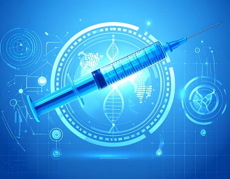 A blue syringe is centered over a futuristic, glowing blue background with DNA strands and a world map.