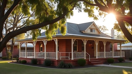 A charming red brick home with a wide veranda under the shade of eucalyptus trees.