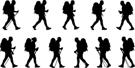 Fototapeta premium Hikers Walking Silhouettes Backpacks Travel Adventure Journey 