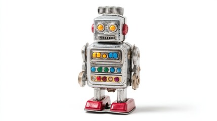 Fototapeta premium Vintage silver metal robot toy with orange eyes and colorful buttons on white