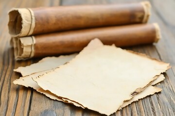 Ancient scrolls and aged parchment paper lying on a wooden table surface ready to reveal old secrets