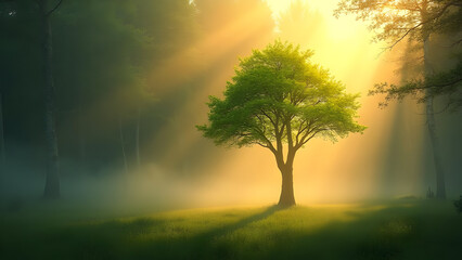 A lone tree stands bathed in sunlight in a misty forest