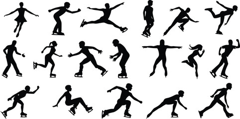 Vector art of silhouettes of figure skaters performing various graceful moves on the ice isolated on transparent background.