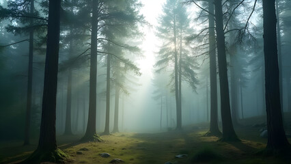 Sunlight piercing through the misty forest treescape