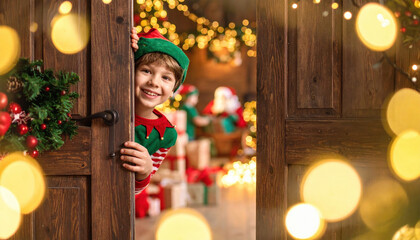 Joyful young boy dressed as an elf peeks out from behind wooden door, ready for Christmas, expressing excitement and anticipation