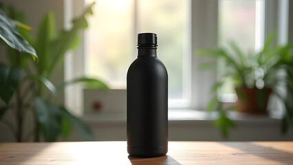 A black bottle sits on a wooden table near a window