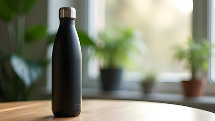 A black water bottle on a wooden table near plants