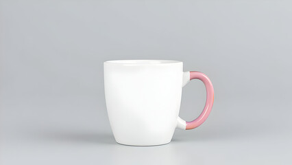 A white mug with a pink handle on a light grey surface