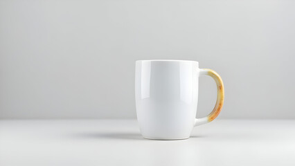 A white mug with a patterned handle on a white surface