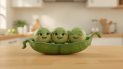 Three cheerful pea pods are nestled inside a green pod, their smiling faces radiating joy and togetherness, set against a backdrop of a contemporary kitchen.