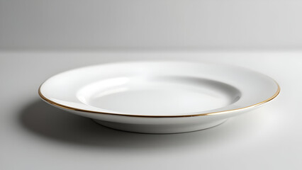 A white plate with a gold rim on a white surface top