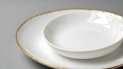 White bowl on a white plate with a gold trim design