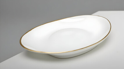 An oval white dish with a gold trim on a white surface