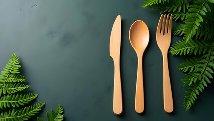 Wooden cutlery set with ferns on a dark green surface