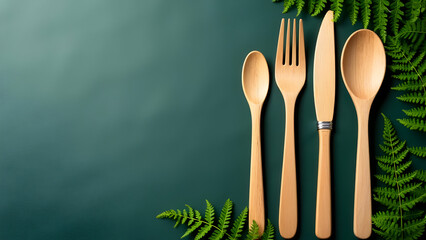 Wooden cutlery set with fern leaves on green surface