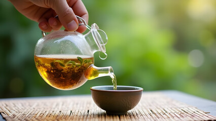 Pouring herbal tea from glass teapot into brown cup