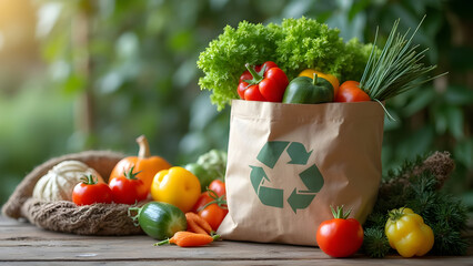Fresh produce in a recycle bag on a wooden surface