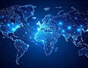 World map illustration with interconnected glowing nodes representing global network, communication, and technology.