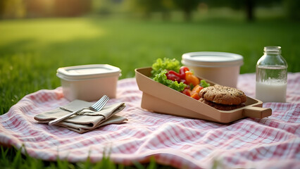 Picnic setup with food on a checkered blanket outdoors