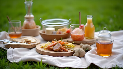 Picnic spread with drinks and snacks on white cloth