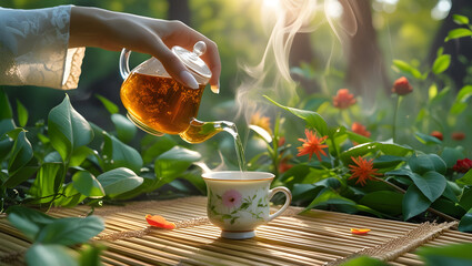 Pouring tea into a cup in a garden setting outdoors