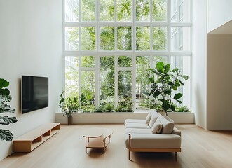 Modern Living Room with Large Window: A sleek and contemporary living room features a large window that frames a vibrant, lush green garden, creating a seamless blend of indoor and outdoor spaces.