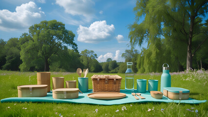 Picnic setup on a blanket in a grassy field outdoors