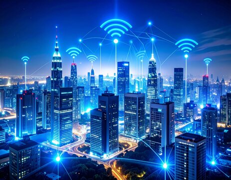 Futuristic cityscape with glowing blue WiFi symbols connecting buildings, representing network connectivity and advanced technology.