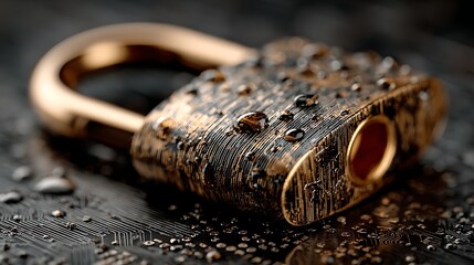 Cyber themed padlock with metallic sheen positioned over abstract binary interface