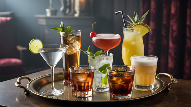 Variety of cocktails on a silver tray in a dimly lit, classic setting.