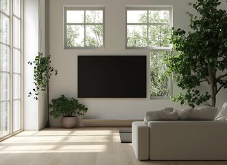 Serene Living Room with Natural Light: A bright and inviting living room, enhanced by natural light and the calming presence of indoor plants. The space features a sleek television.